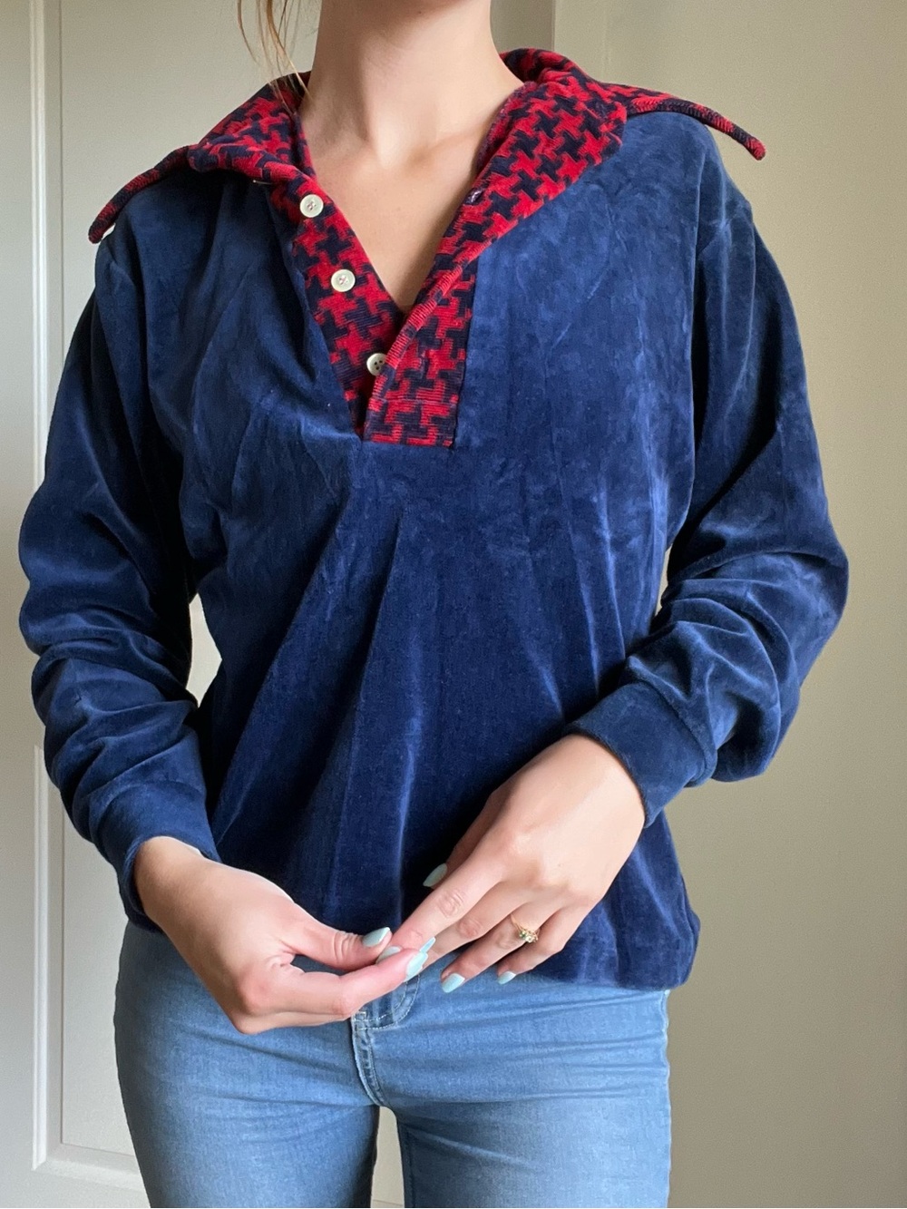 1970s Navy Velour Pullover with Red Houndstooth Trim